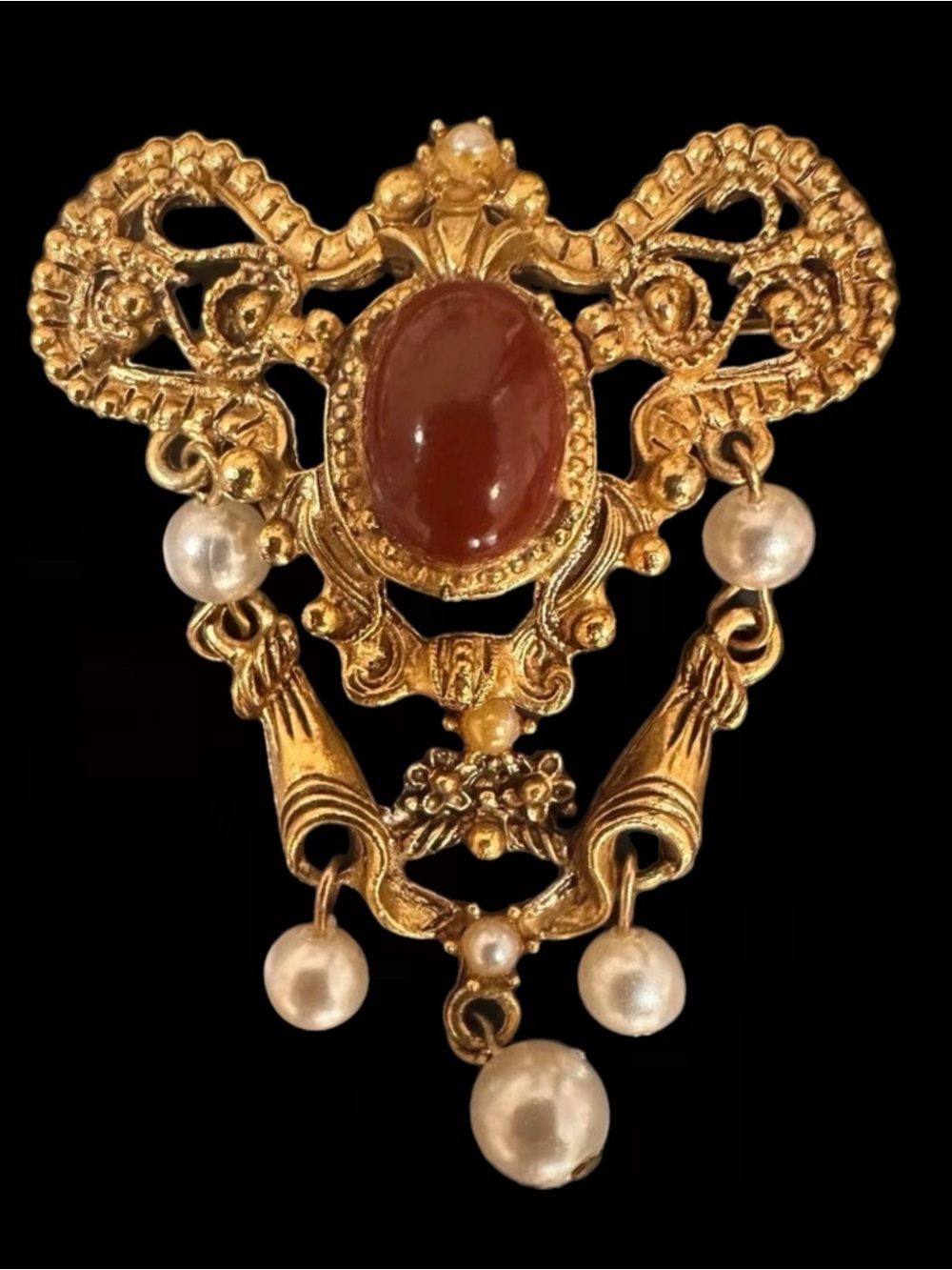 Signed Florenza Gold-Tone Red Cabochon and Pearl Dangle Brooch
